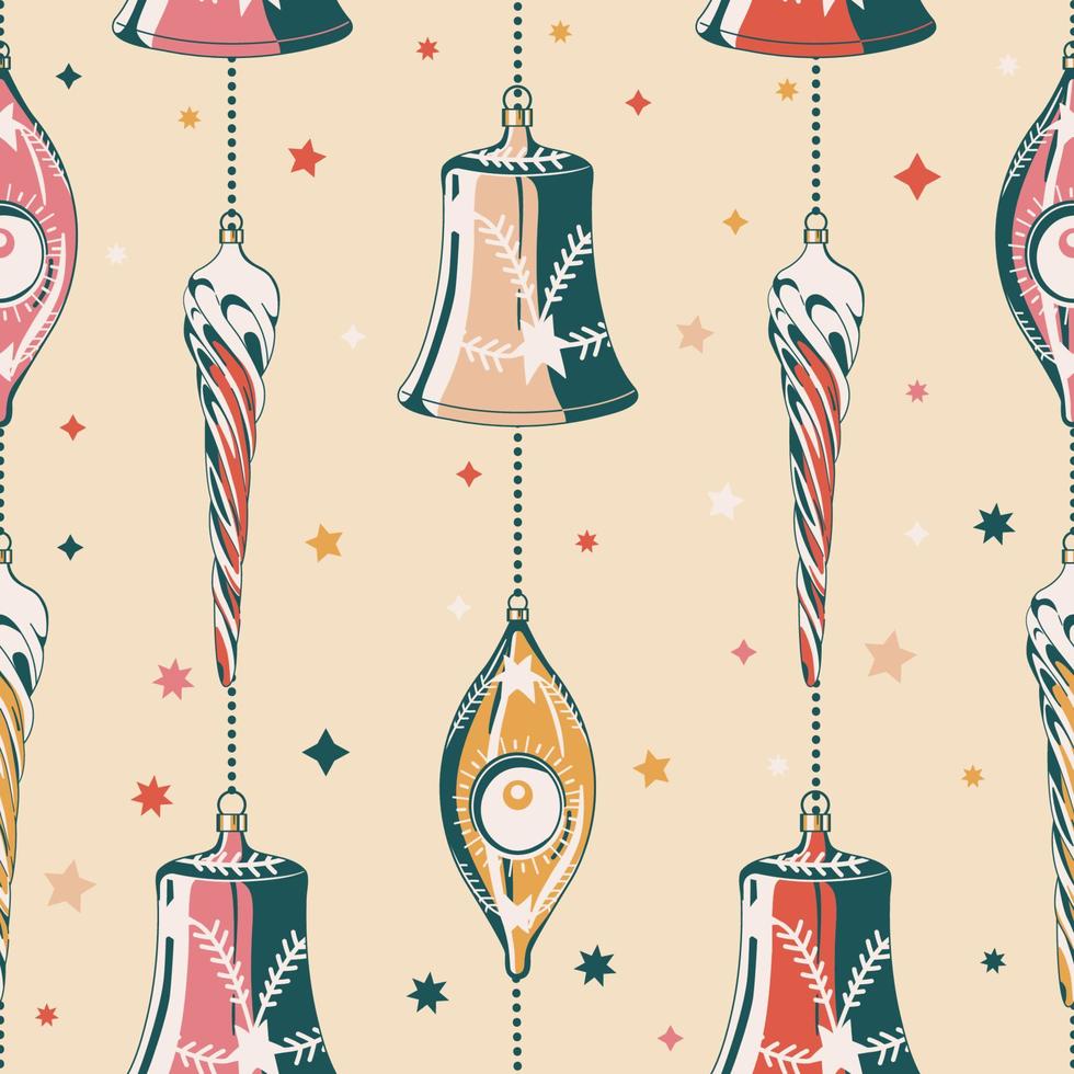 Christmas decorations vintage tree toys in retro style. Seamless vector pattern for wrapping paper, fabric, background, greeting card, invitations