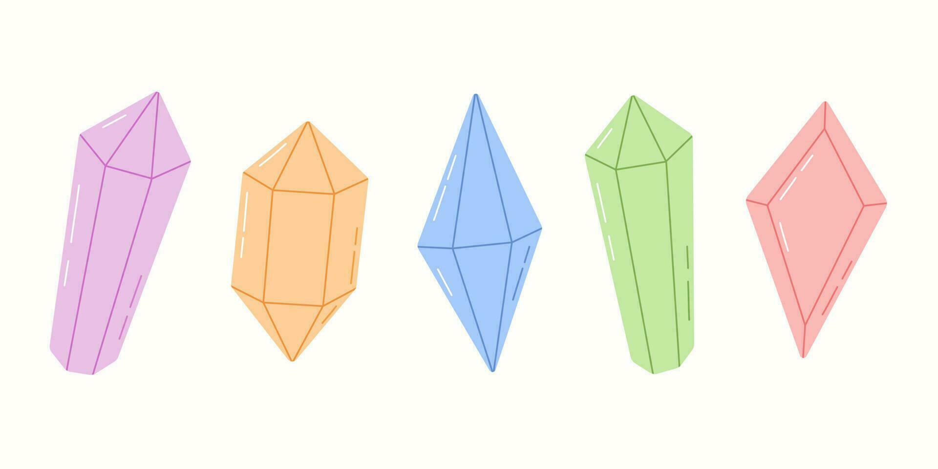 Set of simple minimalistic magic crystals, gems and minerals. Colorful gemstones and jewelry elements. vector