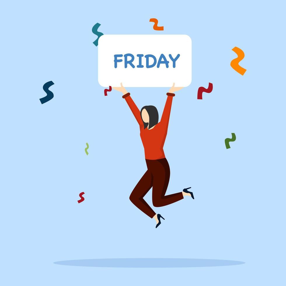 Happy friday concept, enjoy last working day and embrace weekend, employee routine work effort, happy lifestyle after long and stressful week, happy woman jumping while holding friday sign. vector