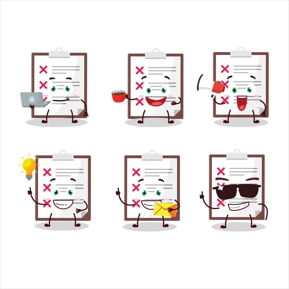 Clipboard with cross check cartoon character with various types of business emoticons vector
