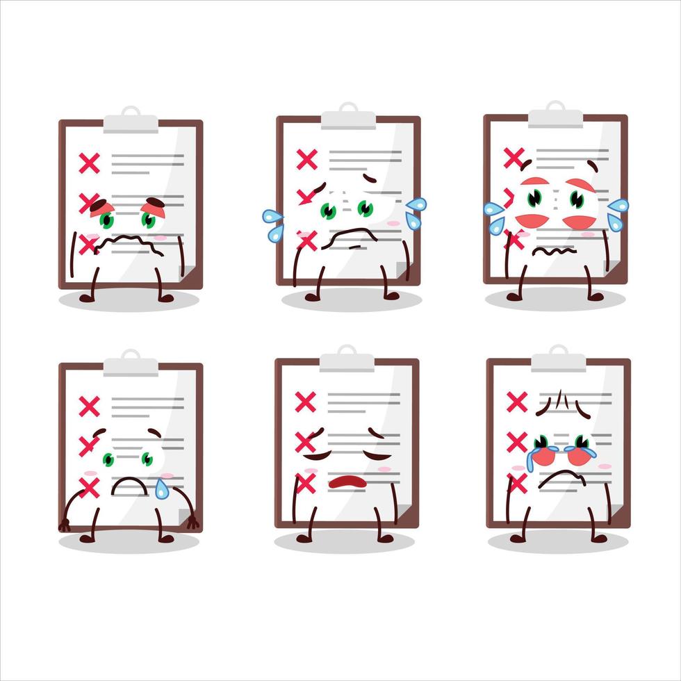 Clipboard with cross check cartoon character with sad expression vector