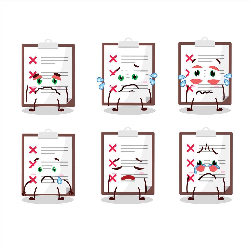 Clipboard with cross check cartoon character with sad expression vector