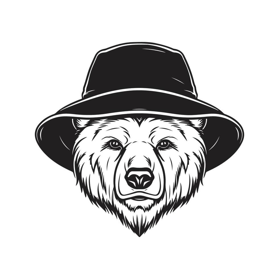 bear wearing bucket hat, vintage logo concept black and white color, hand drawn illustration vector