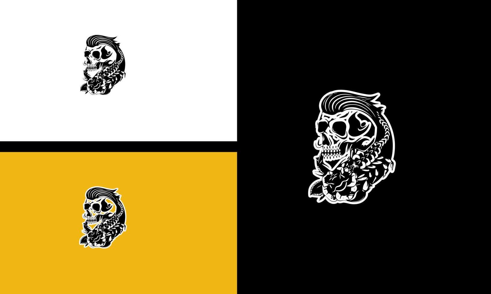 head skull and flowers vector line art design