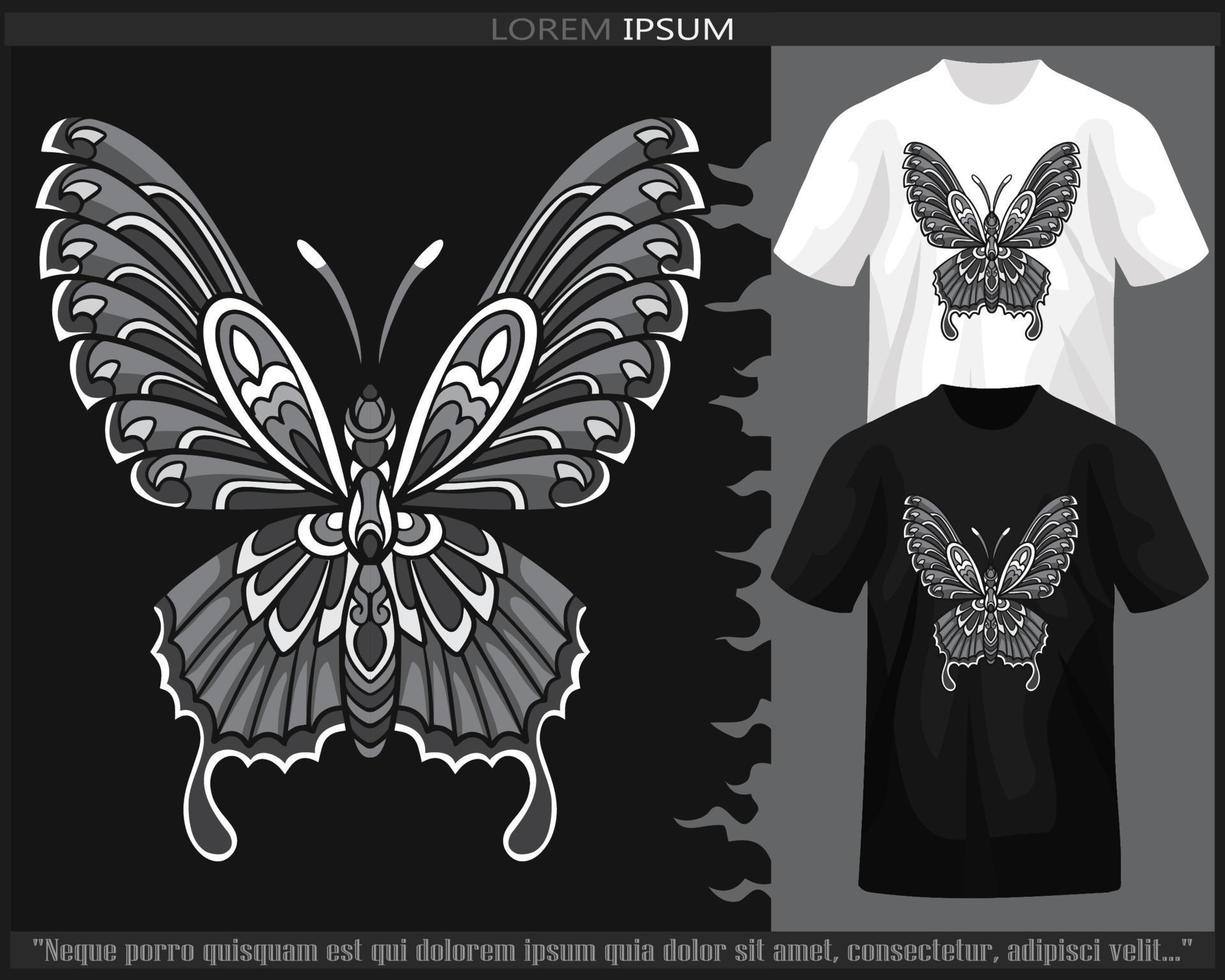 Monochrome color butterfly mandala arts isolated on black and white t shirt. vector