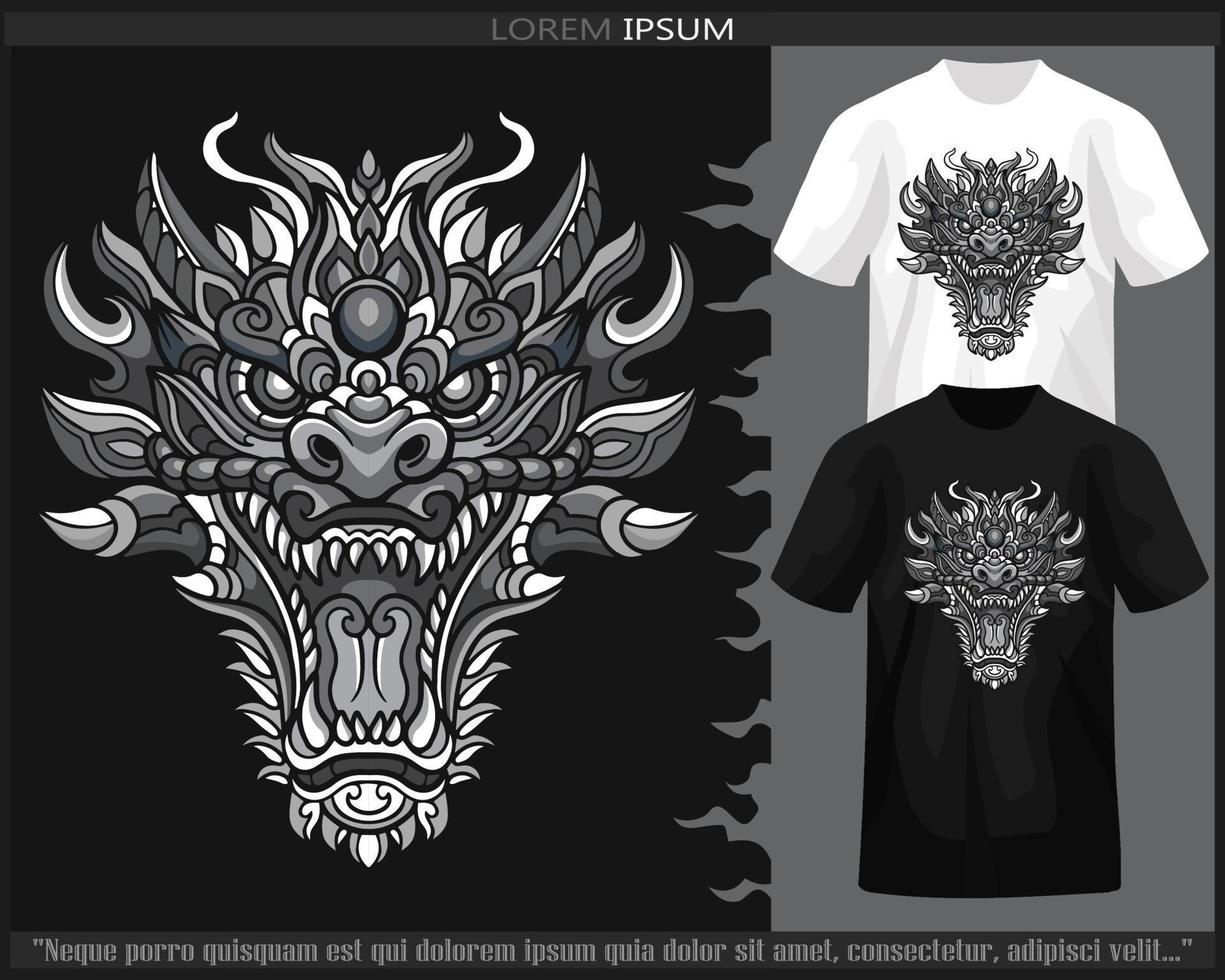 Monochrome color dragon head mandala arts isolated on black and white t shirt. vector