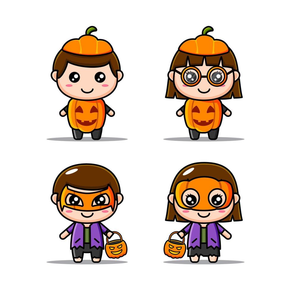 Cute pumpkin costumed characters bundle suitable for kids products vector