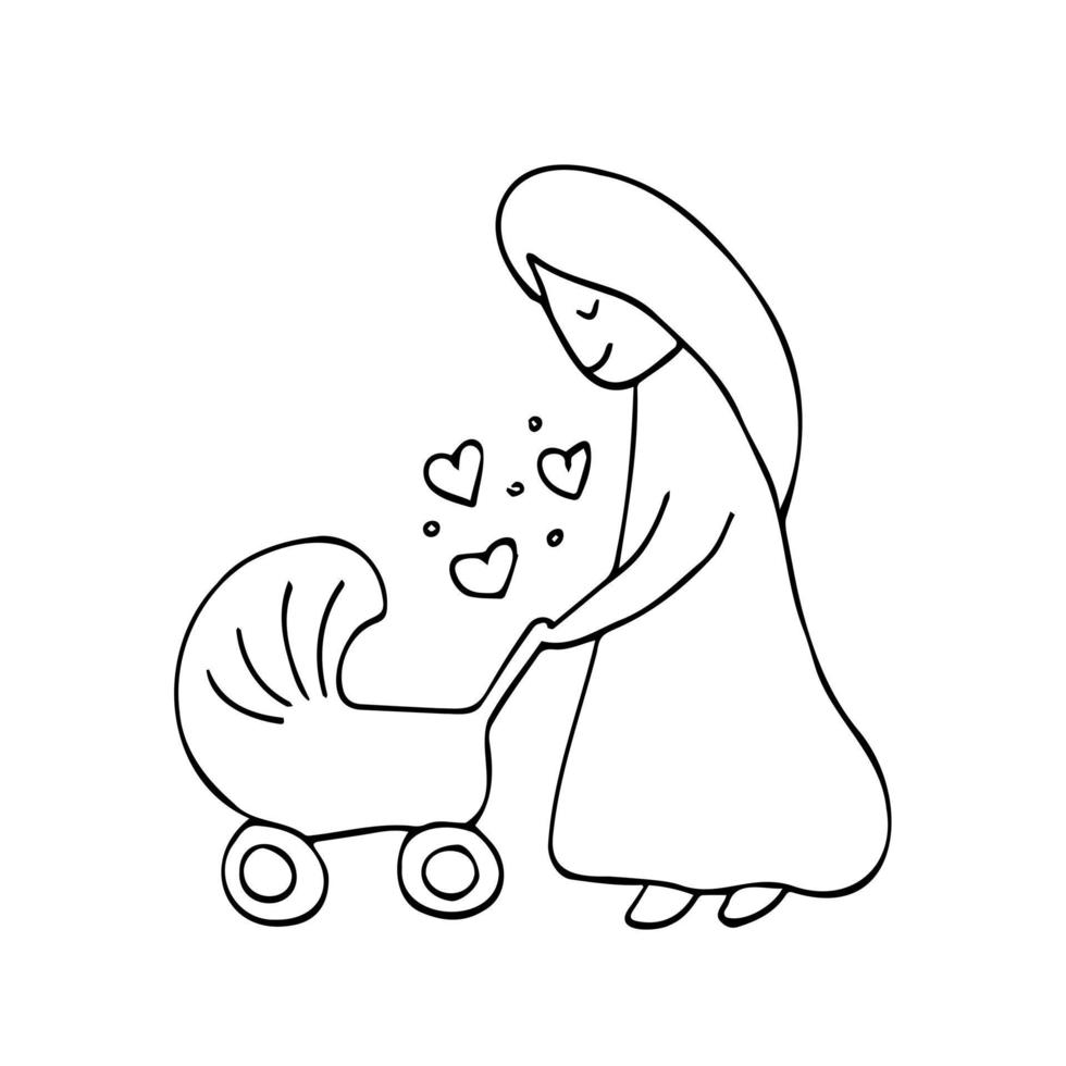 Doodle simple line woman with baby in a stroller. Vector modern sketch of mother