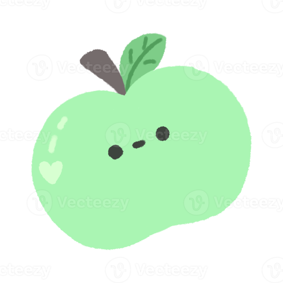 Hand-drawn Cute Green Apple, Cute fruit character design in doodle style png