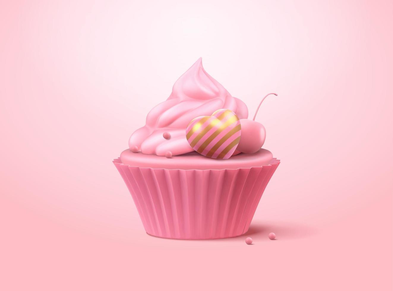 3d illustration of sweet pink cup cake with whipped cream and cherry. Dessert element isolated on pink background. vector