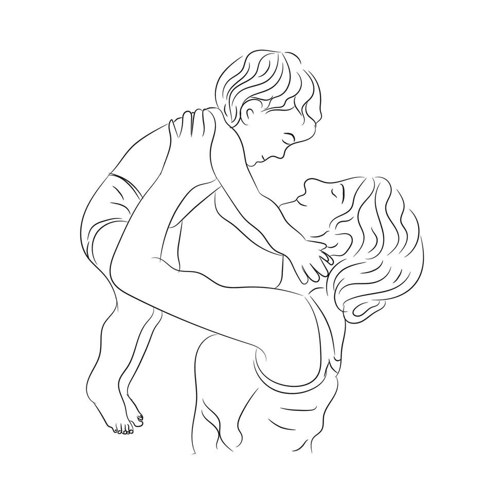 Happy mothers day line art mom and child love vector