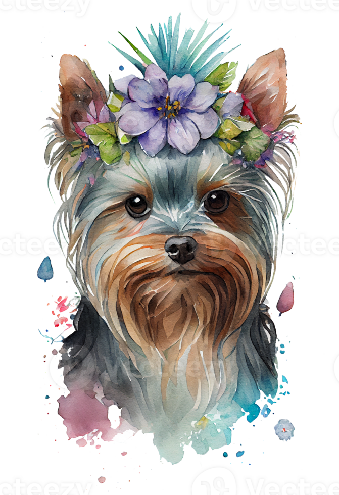 Watercolor cute hand drawn Yorkshire Terrier, dog in floral wreath, flowers bouquet, png