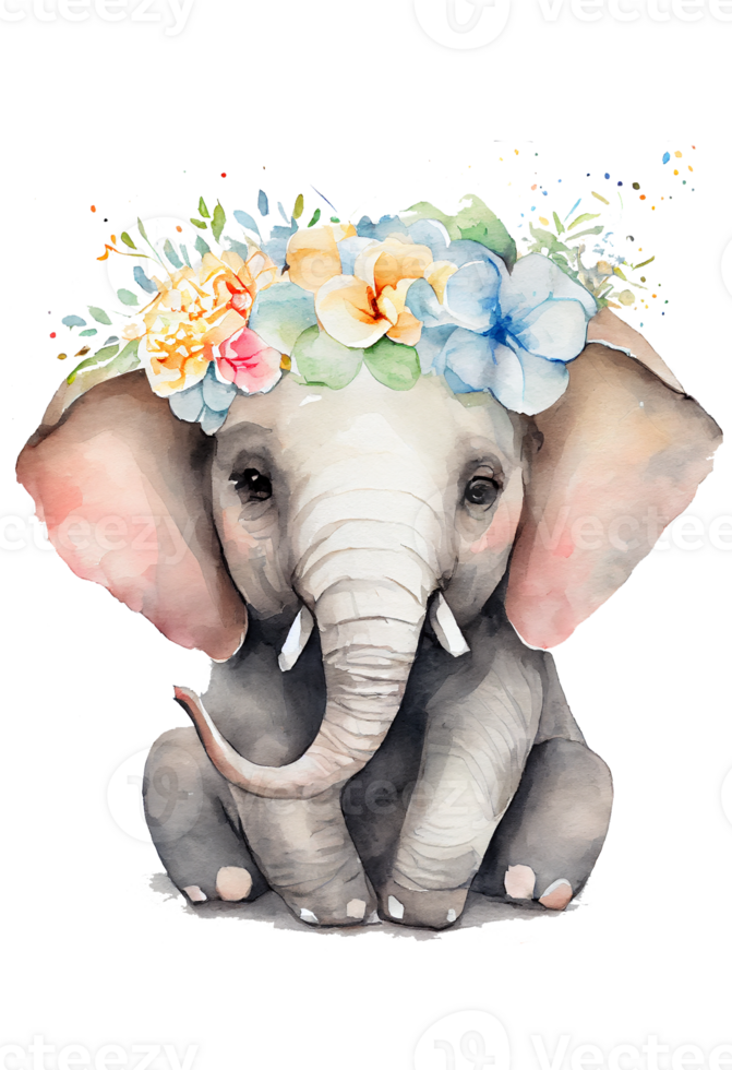 Watercolor cute hand drawn elephant, elephant in floral wreath, flowers bouquet, png