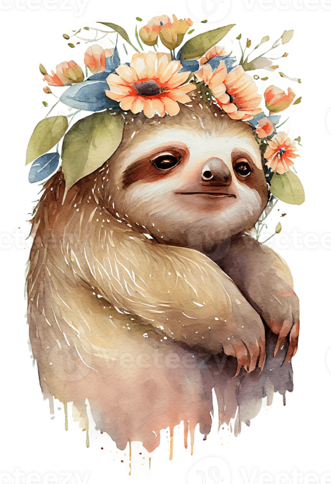 Watercolor cute hand drawn sloth, Sloth in floral wreath, flowers bouquet, , png transparent background.