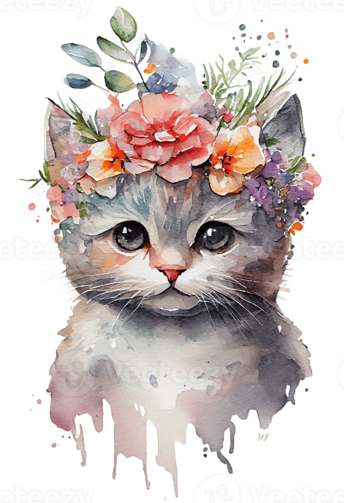 vattenfärg söt hand dragen katt, kattunge i blommig krans, blommor bukett, generativ ai, png transparent bakgrund.