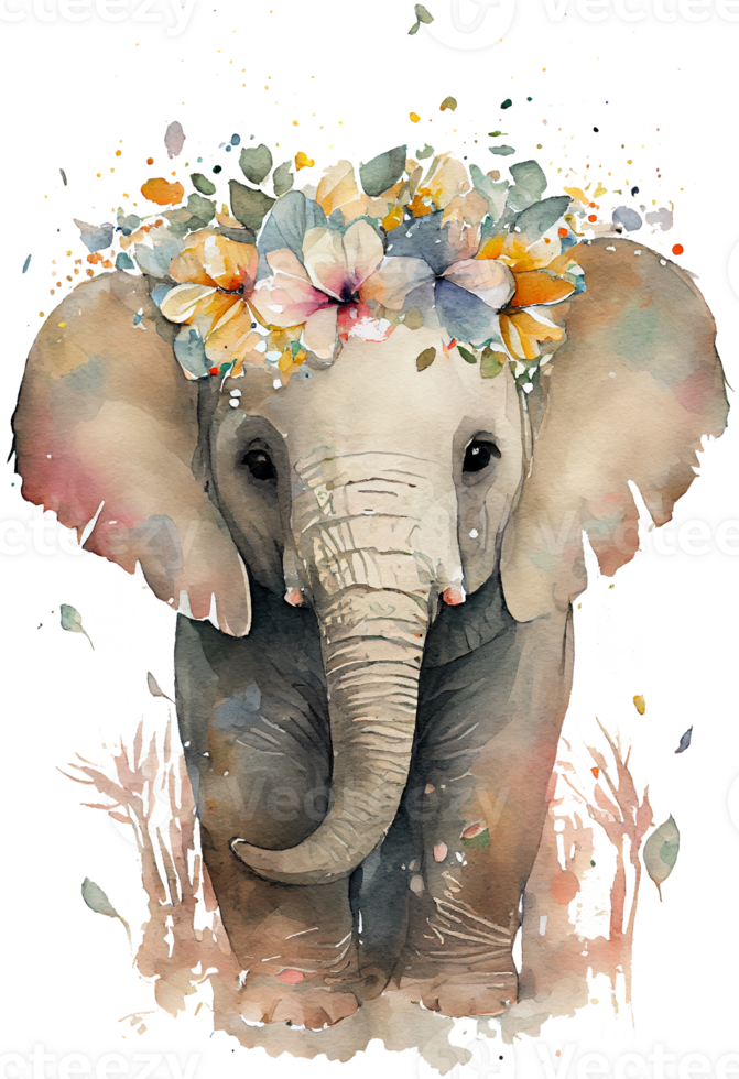 Watercolor cute hand drawn elephant, elephant in floral wreath, flowers bouquet, png