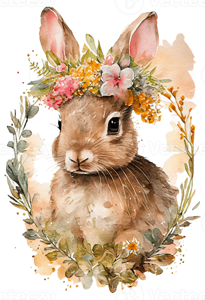 Watercolor cute hand drawn rabbit, Bunny in floral wreath, flowers bouquet, png