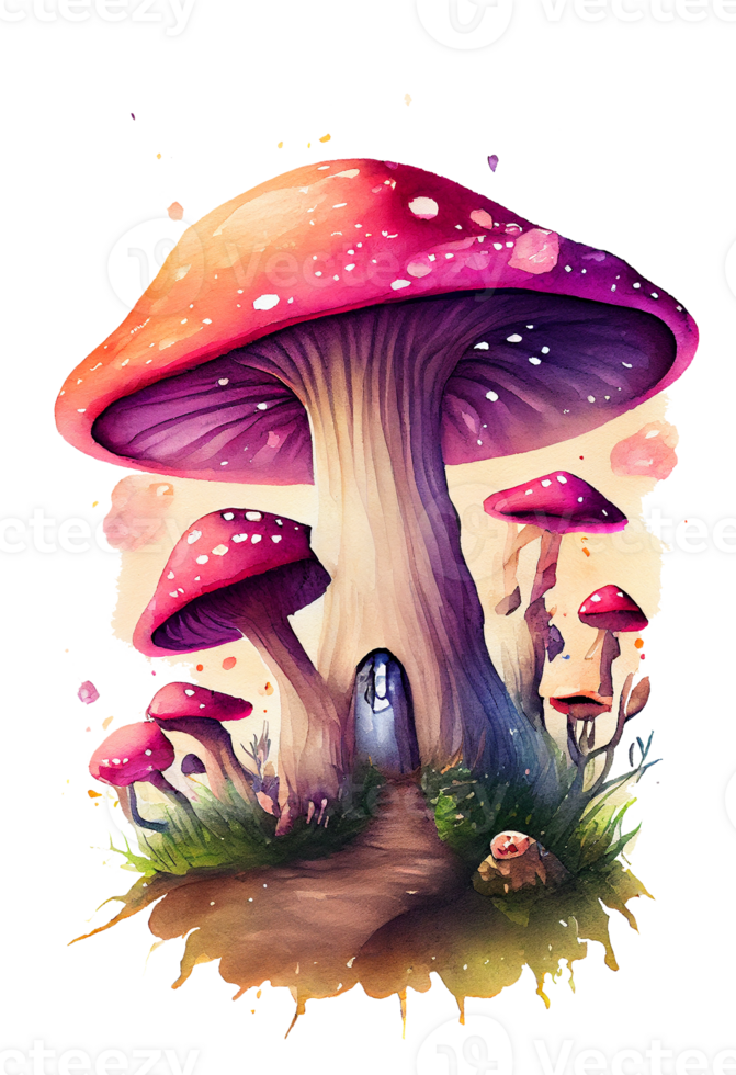 Magic mushroom in the forest with colorful, mushroom house, Magic mushroom watercolor, png