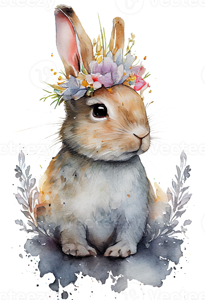 Watercolor cute hand drawn rabbit, Bunny in floral wreath, flowers bouquet, png