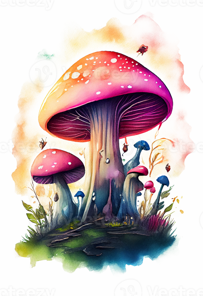Magia fungo nel il foresta con colorato, fungo Casa, Magia fungo acquerello, generativo ai png
