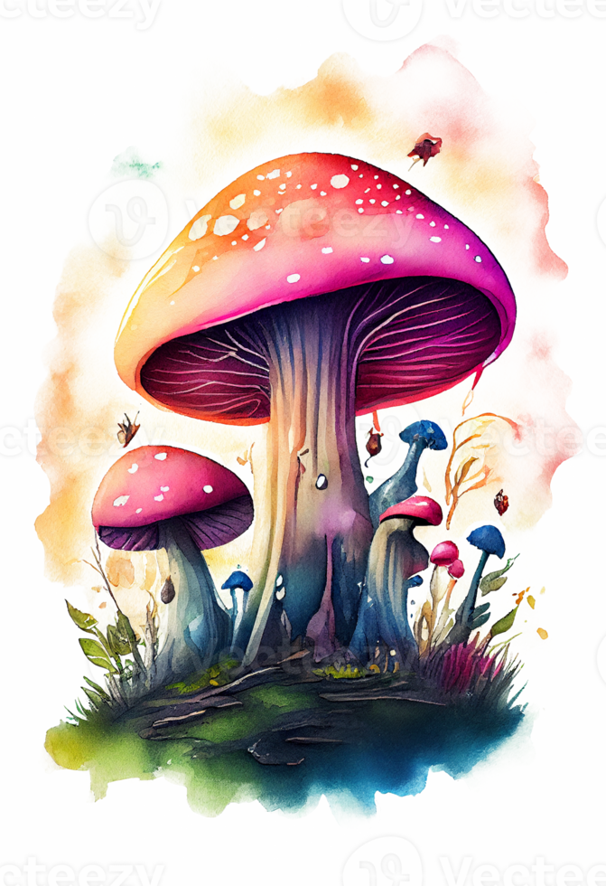 la magie champignon dans le forêt avec coloré, champignon loger, la magie champignon aquarelle, génératif ai png