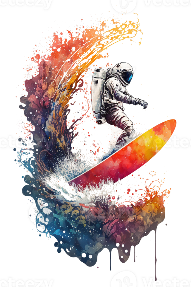 astronauts surf on a surfboard in space with stars watercolor painting, planets, PNG transparent background, .