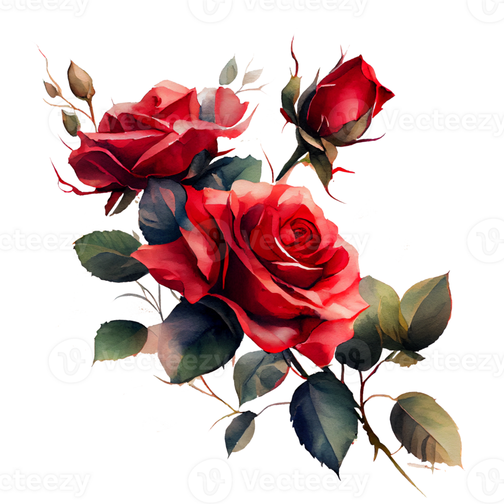 Watercolor floral bouquet composition with red roses, png transparent background, .