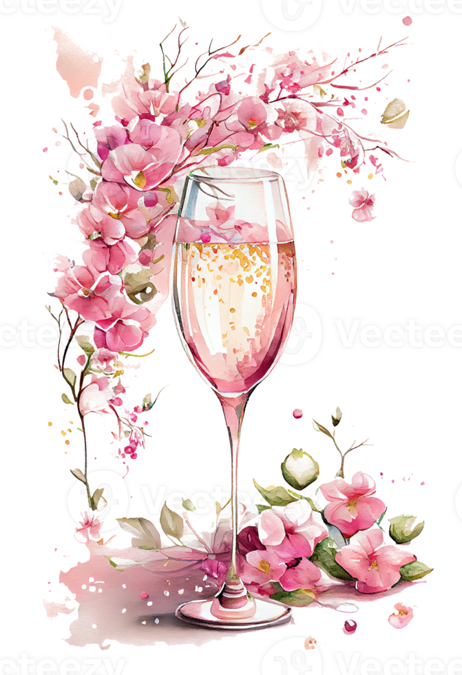 Watercolor pink wine glass with roses, card design for Valentine's day, champagne glass with flowers, . png