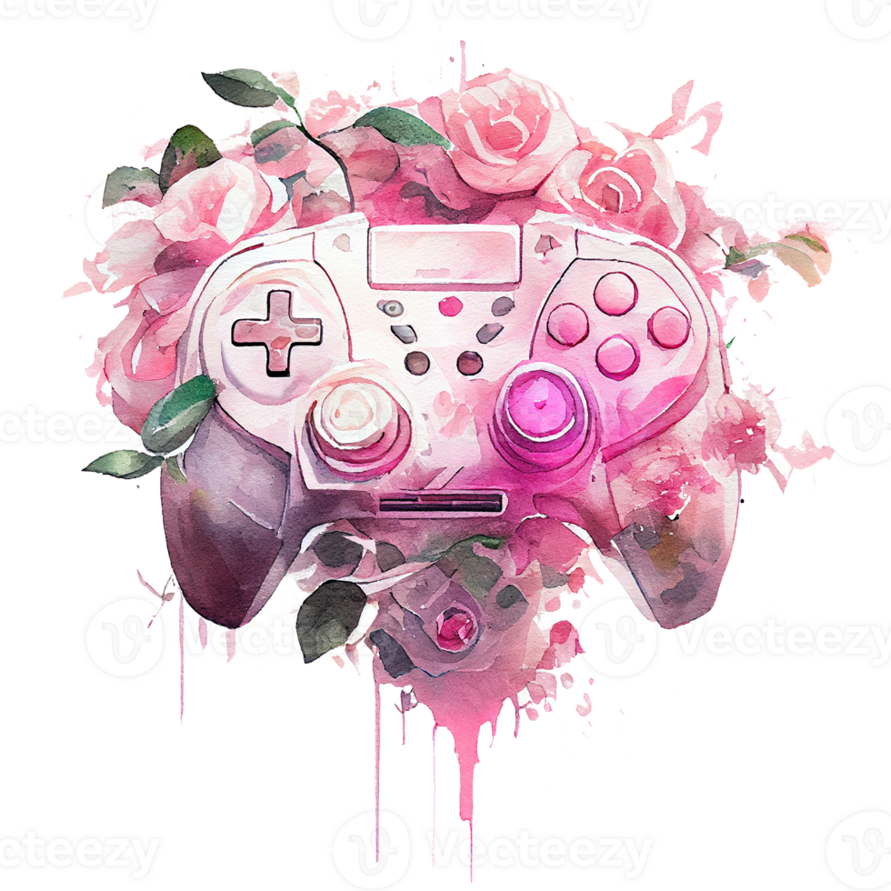 vattenfärg spel kontrollant med rosa blomma, rosa joystick innehav blommor, lady gamer begrepp, generativ ai. png