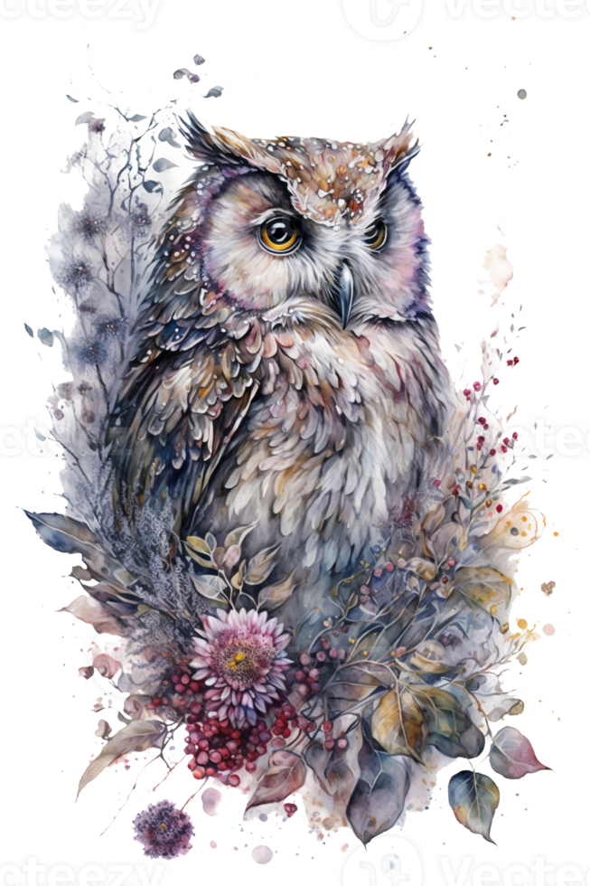 Watercolor Boho Flower Owl, Watercolor owl with flowers, Magic Realism, Dreamy, Wonderland, . png