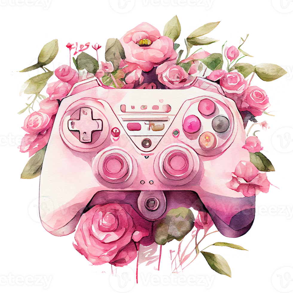 Watercolor game controller with pink flower, Pink joystick holding flowers, lady gamer concept, . png