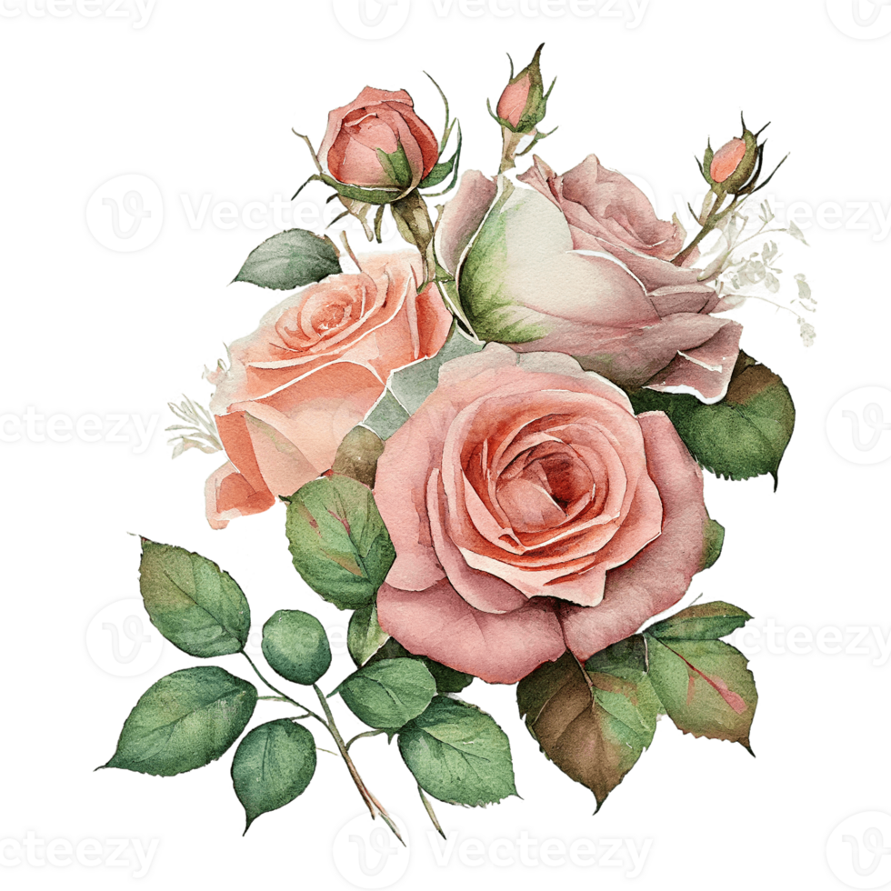 Watercolor floral bouquet composition with roses, png transparent background, .