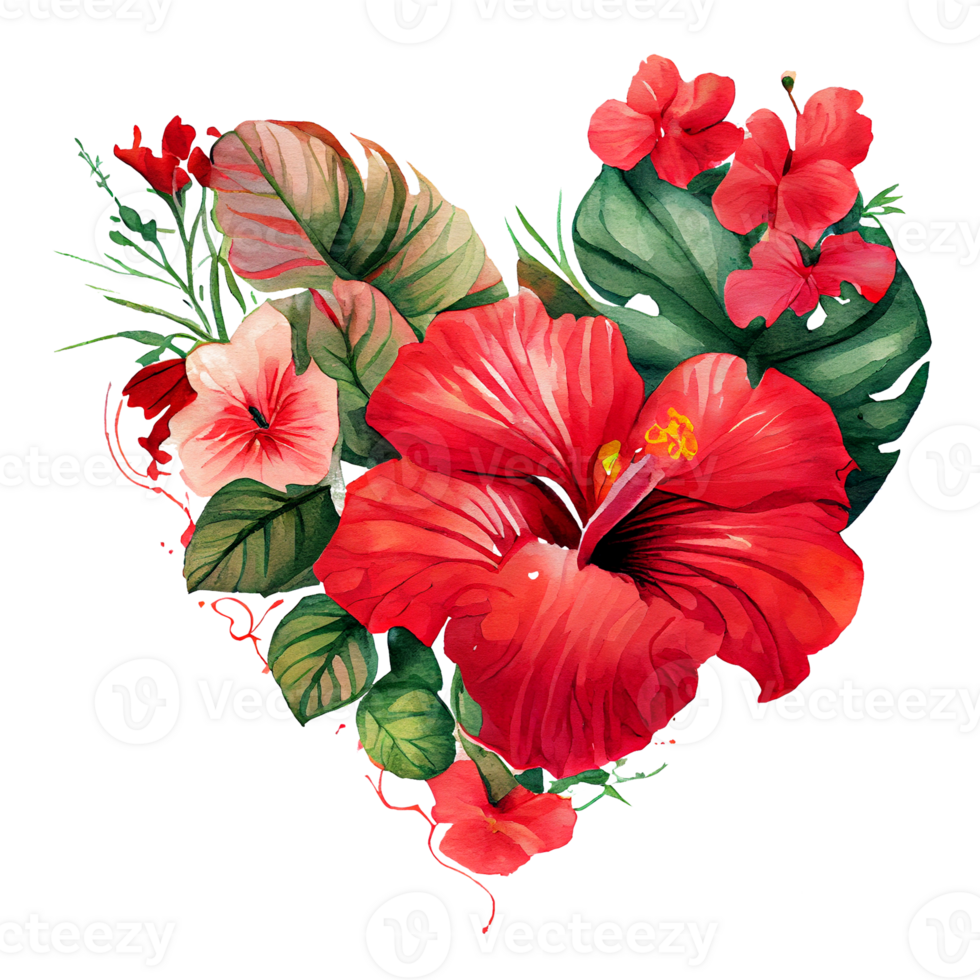 heart shaped hibiscus bouquet, Romantic heart vignette made of vintage flowers and leaves of hibiscus in gentle retro style watercolor painting, PNG transparent background, .