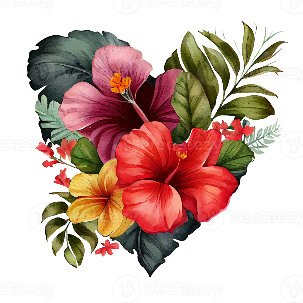 heart shaped hibiscus bouquet, Romantic heart vignette made of vintage flowers and leaves of hibiscus in gentle retro style watercolor painting, PNG transparent background, .