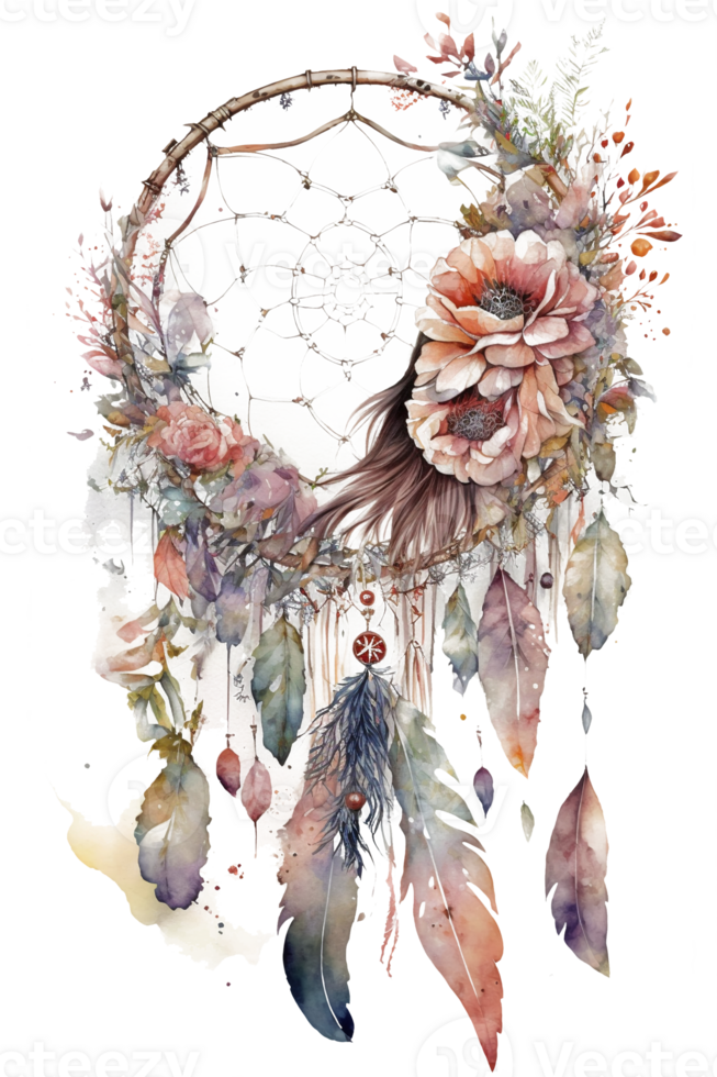 acuarela decoración bohemio sueño receptor, boho plumas decoración, nativo sueño elegante diseño, generativo ai png