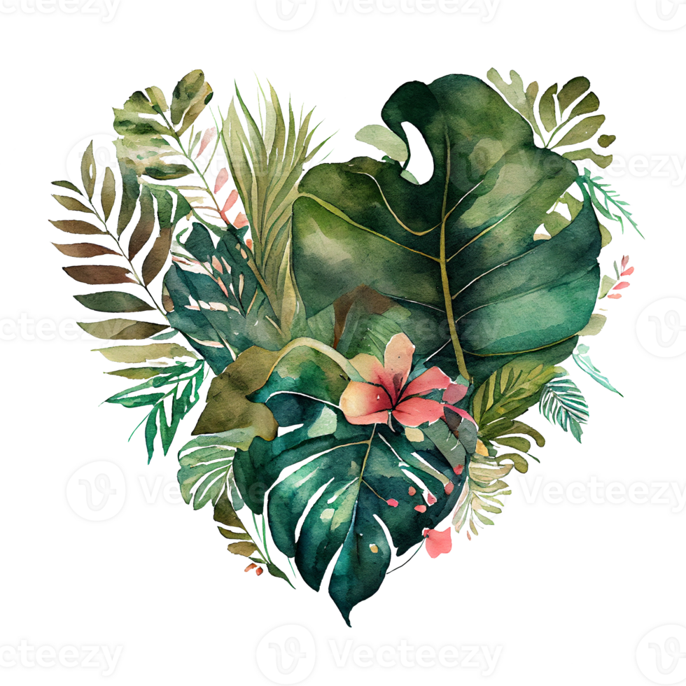 heart shaped tropical leaf bouquet, Romantic heart vignette made of vintage tropical leaves gentle retro style watercolor painting, PNG transparent background, .