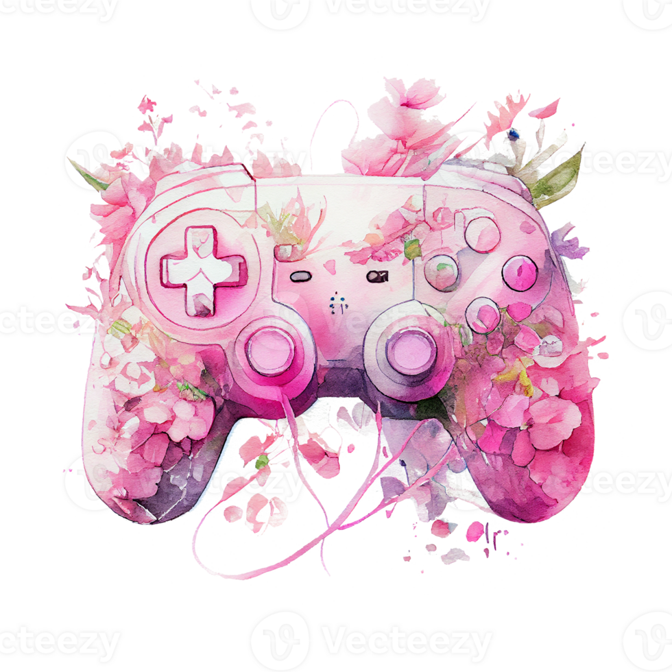 vattenfärg spel kontrollant med rosa blomma, rosa joystick innehav blommor, lady gamer begrepp, generativ ai. png