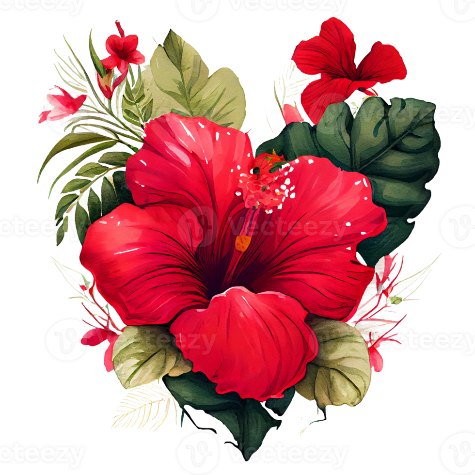 cuore sagomato ibisco mazzo, romantico cuore vignetta fatto di Vintage ▾ fiori e le foglie di ibisco nel dolce retrò stile acquerello la pittura, png trasparente sfondo, generativo ai.