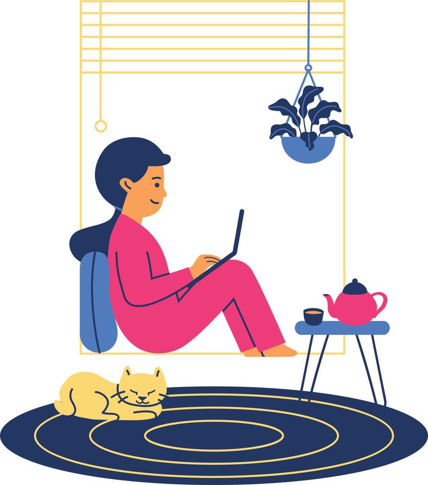 Woman working on laptop at home. Girl sitting on floor with cup of tea and cat. Flat style vector illustration.