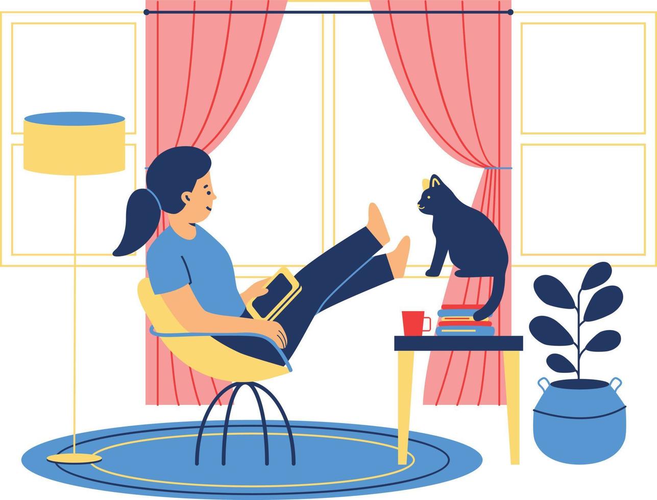 mujer leyendo libro a hogar. niña sentado a mesa con gato y leyendo un libro. plano vector ilustración.