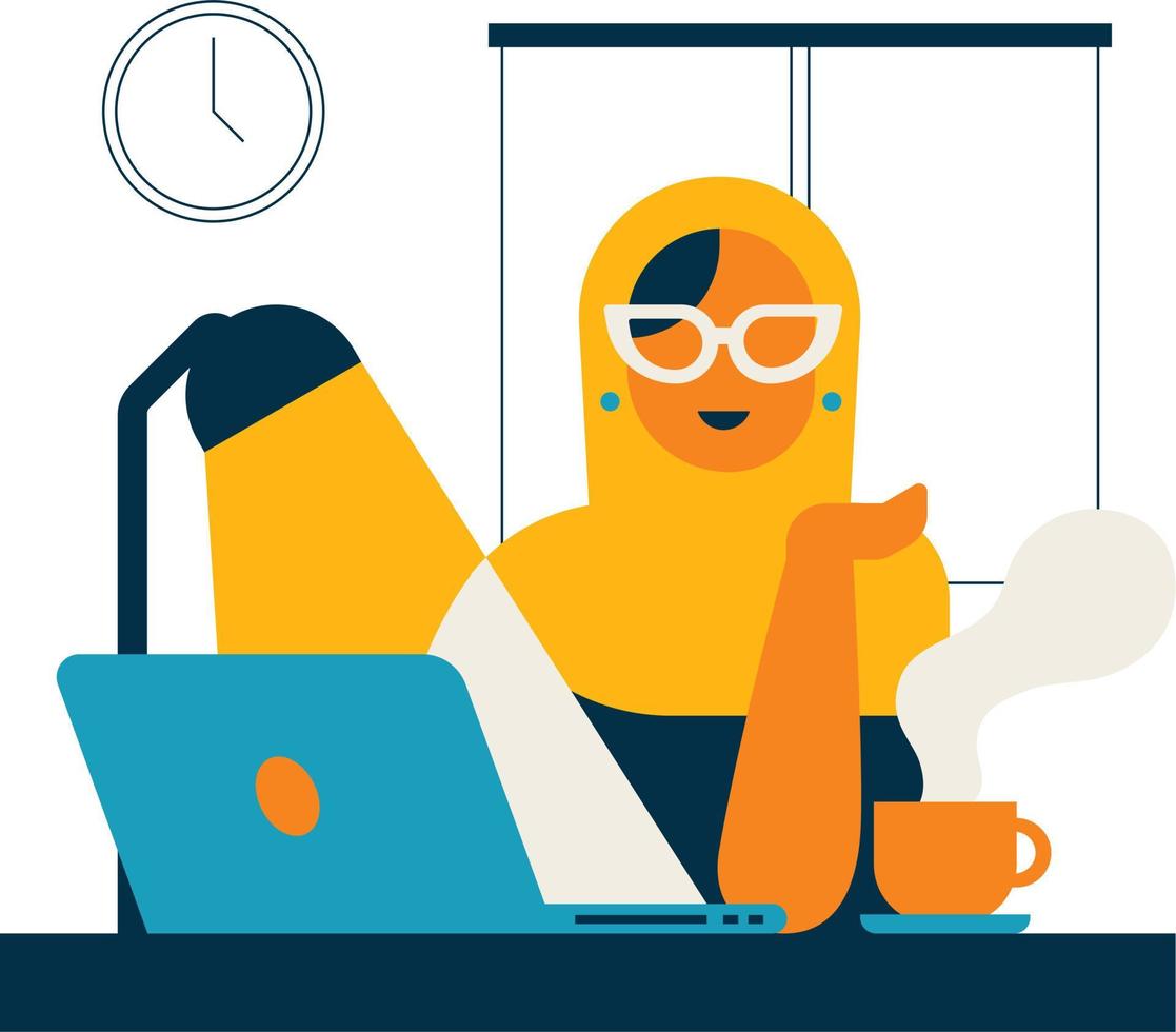 Vector illustration of a woman in a hijab working on a laptop.