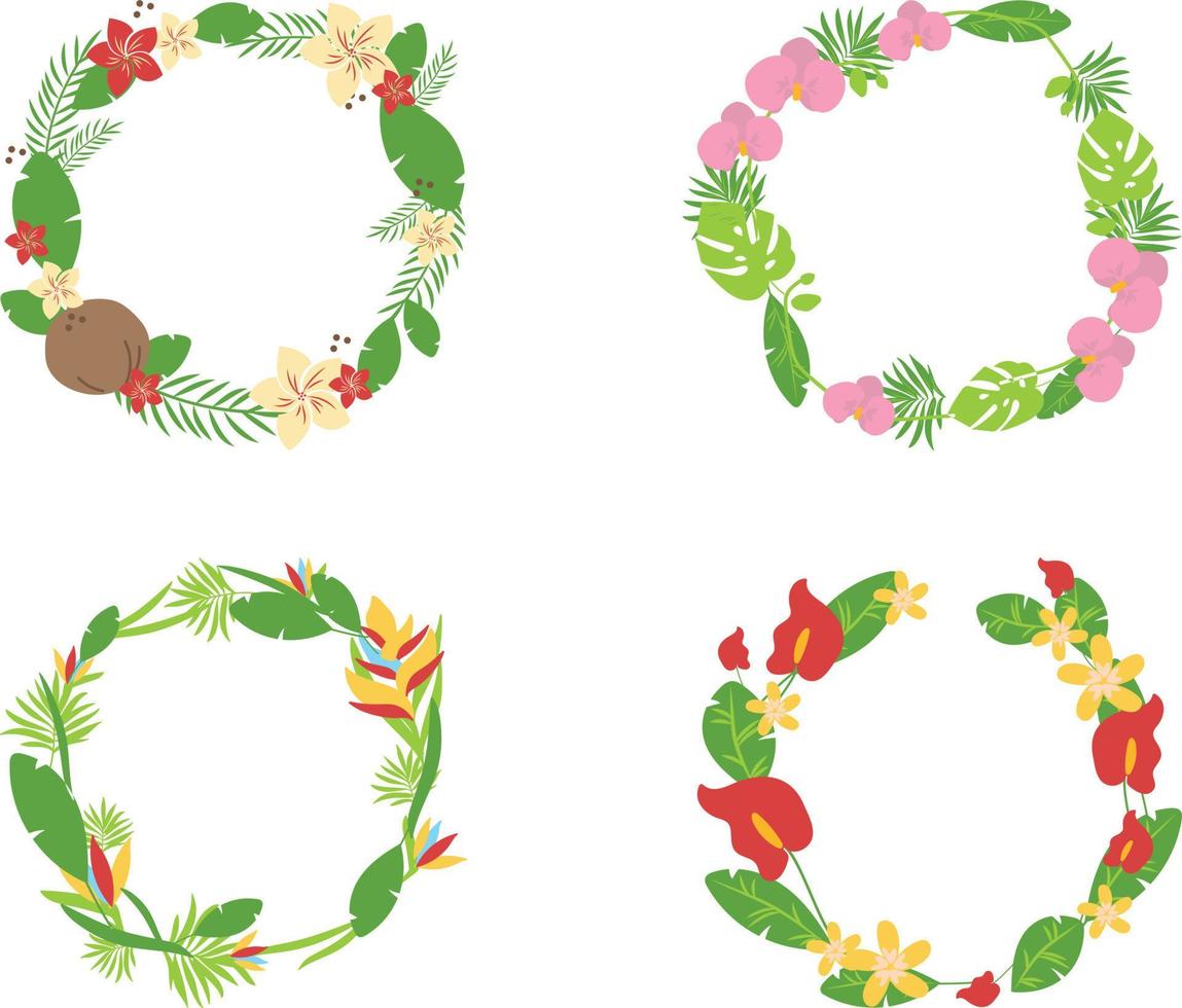 Set of wreaths with tropical leaves and flowers. Vector illustration