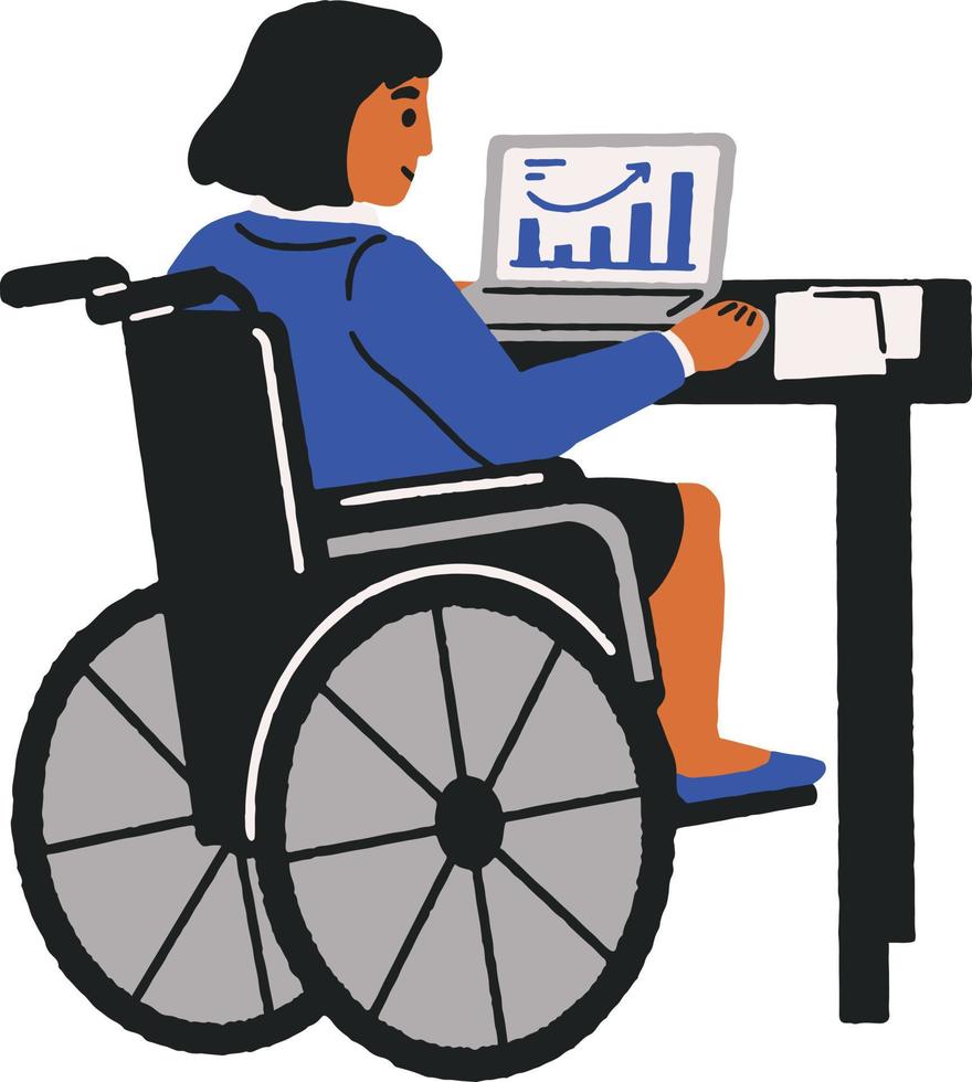 Handicapped woman in wheelchair with laptop. Vector flat illustration.