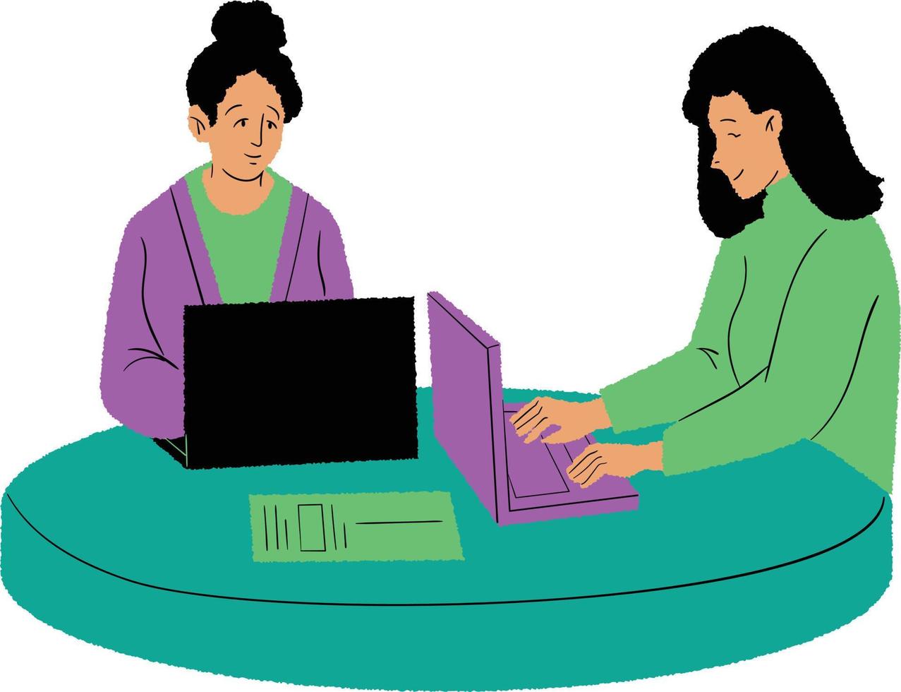 Two women sit at a table and work on a laptop. Freelance. Vector illustration.