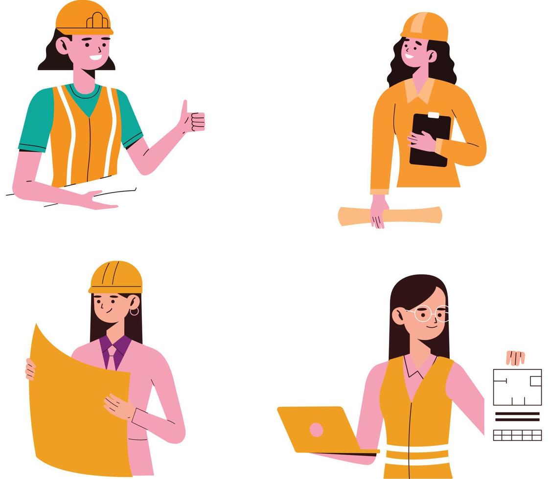 conjunto de mujer constructores con uniforme y conjunto de íconos vector ilustración