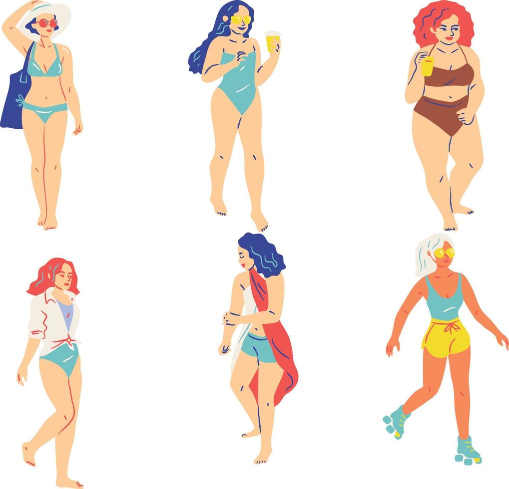 conjunto de mujer en trajes de baño dibujos animados estilo. vector ilustración. verano