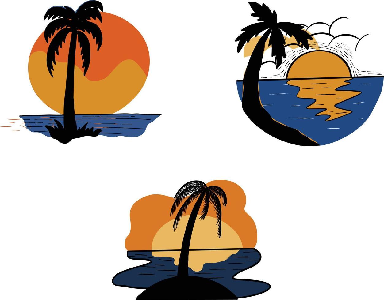 set of four icons with palm trees, sun and sea, vector illustration. summer