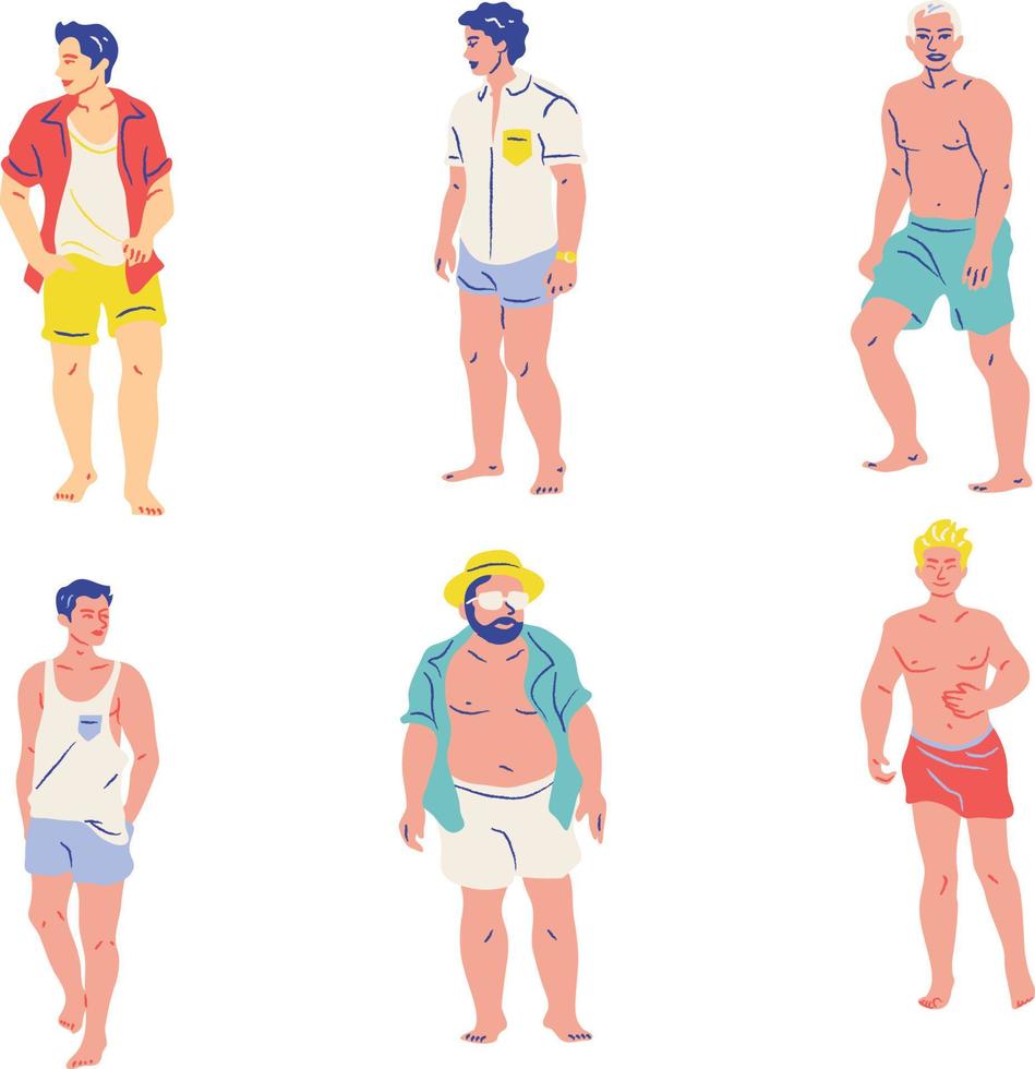 Set of young men in swimsuits and shorts on white background. Vector illustration. Summer