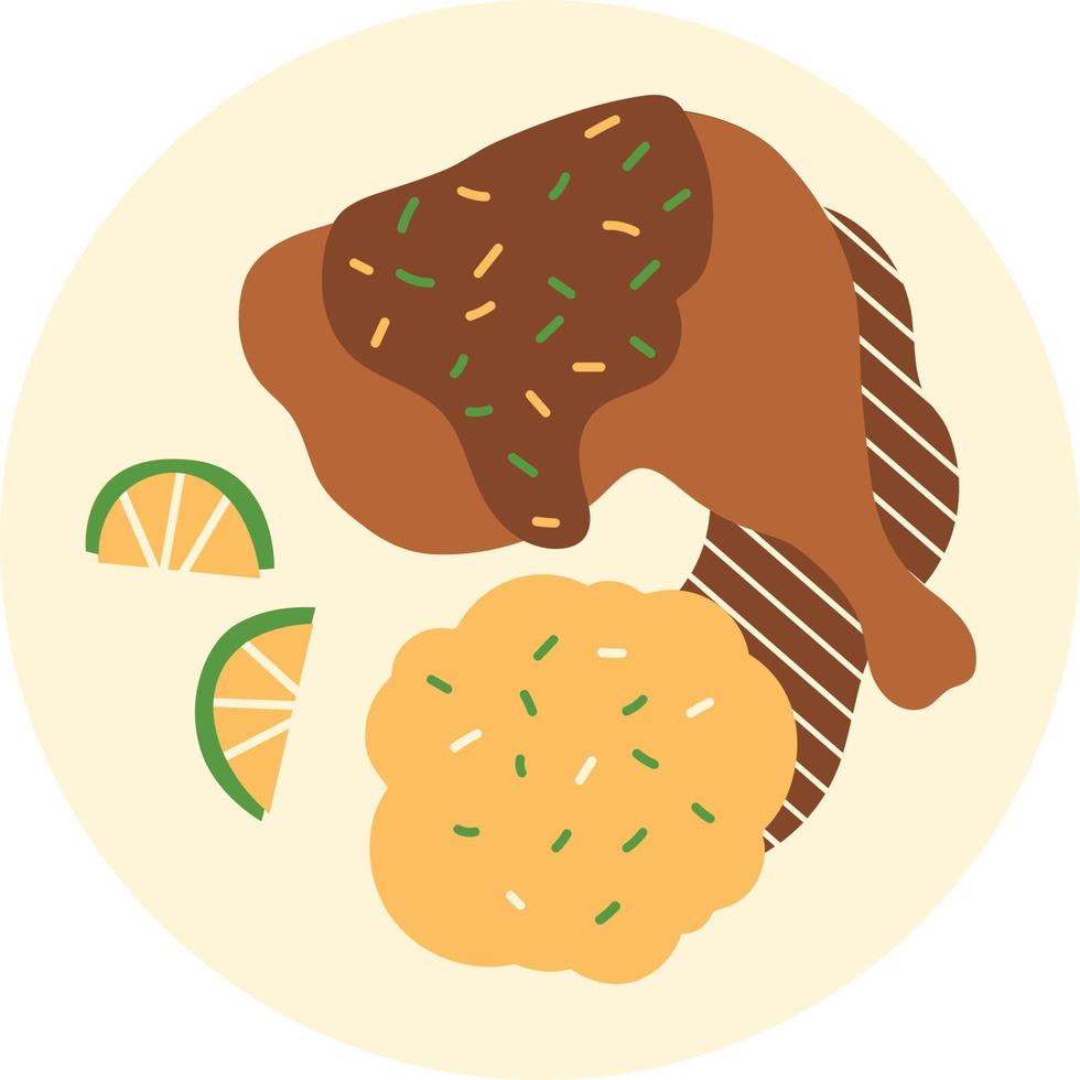 Illustration of fried chicken with lemon. Vector illustration in flat style