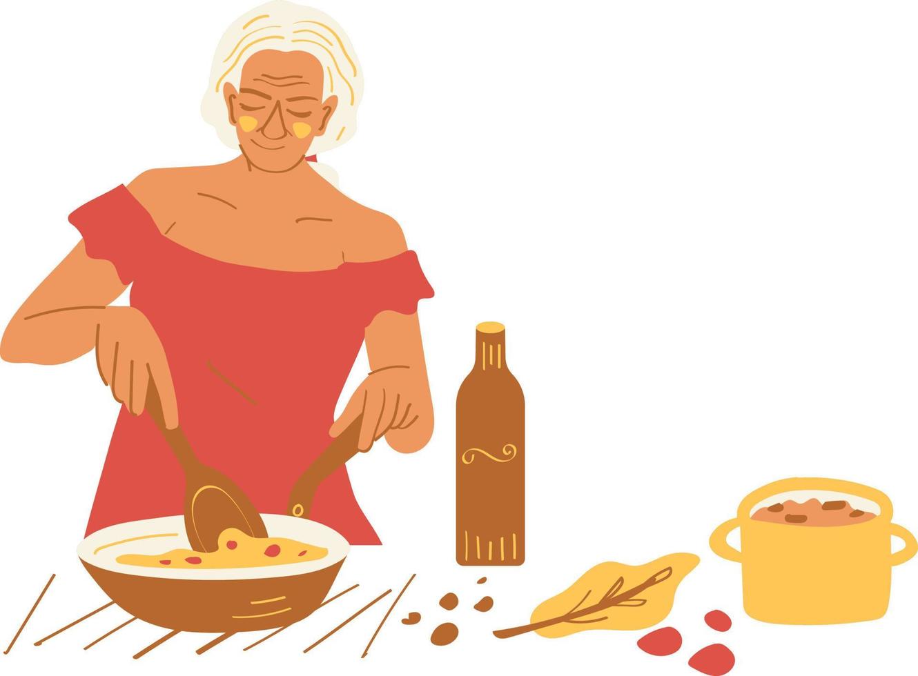 mayor mujer Cocinando en el cocina. plano vector ilustración.